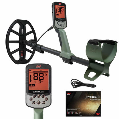 The Minelab X-Terra Pro is shown fully assembled, with an inset of the control pod, owner's manual and charging cable. 