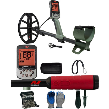 A Minelab metal detector set shown on a white background, including the detector coil, handheld unit, camo pouch, gloves, shovel, and other accessories.