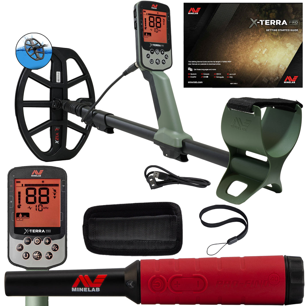 Minelab X-TERRA PRO Metal Detector with various accessories including a pinpointer, charging cable, and pinpointer holster. The main detector is green with an digital display and black shaft.
