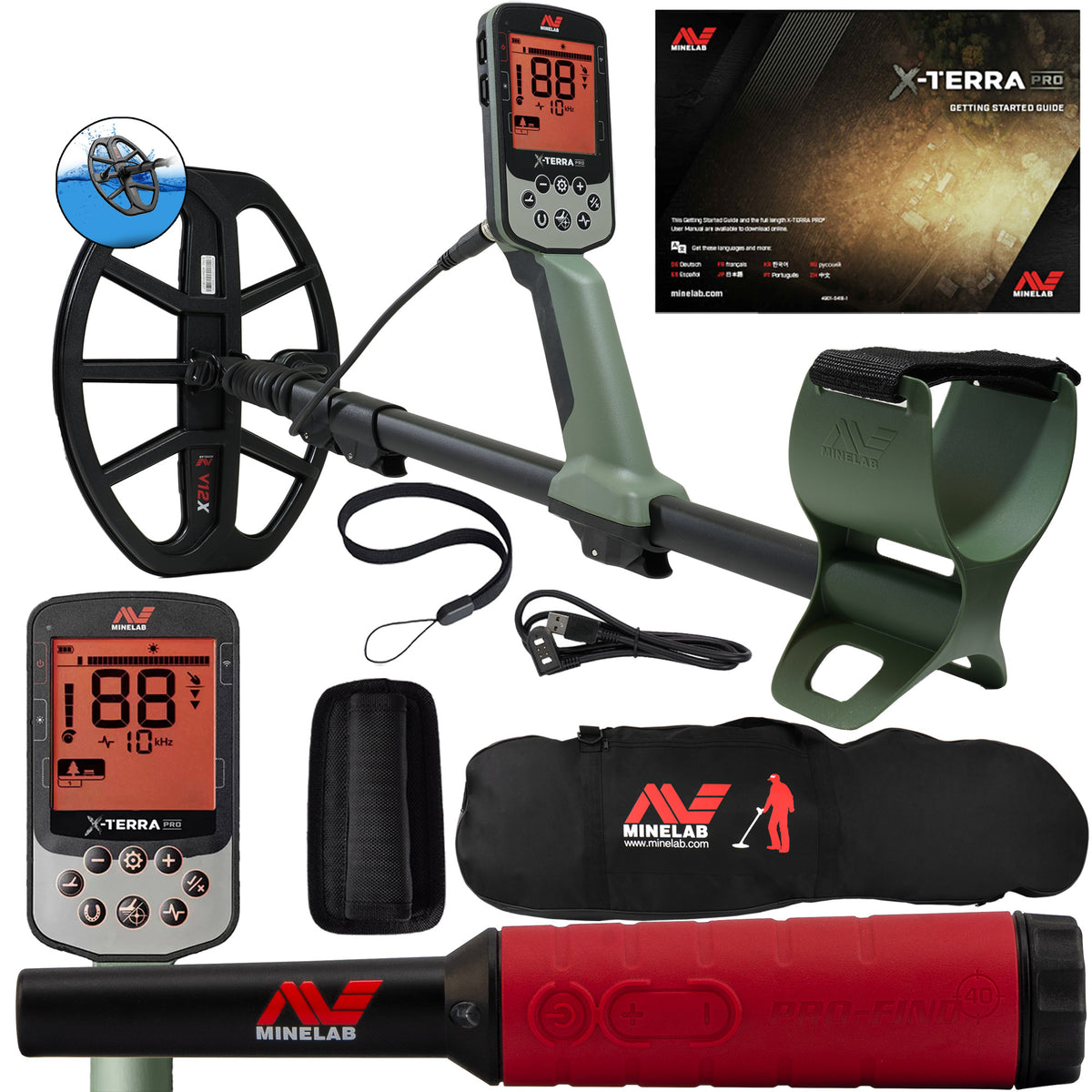 The Minelab X-TERRA PRO Metal Detector with Pro-Find 40 and a Carry Bag. The main image shows the metal detector in a green color, with the backlit control screen illuminated.