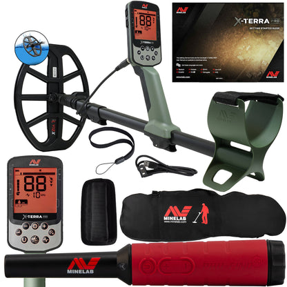 The Minelab X-TERRA PRO Metal Detector with Pro-Find 40 and a Carry Bag. The main image shows the metal detector in a green color, with the backlit control screen illuminated.