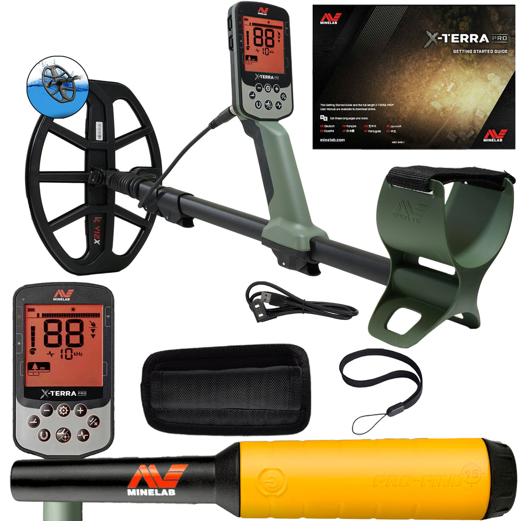 A set of Minelab X-TERRA PRO metal detecting equipment including the detector with a black finish, an elliptical coil, a control pod, a skidplate, a charging cable, and a getting started guide.