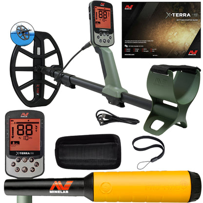 A set of Minelab X-TERRA PRO metal detecting equipment including the detector with a black finish, an elliptical coil, a control pod, a skidplate, a charging cable, and a getting started guide.