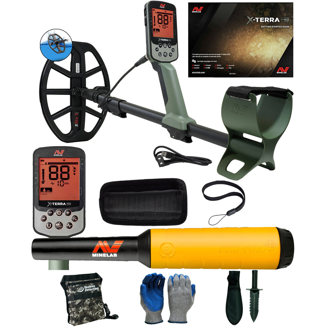 Minelab X-TERRA PRO Metal Detector PRO-FIND 15, and Serious Detecting Kit with pouch, gloves, and digging knife