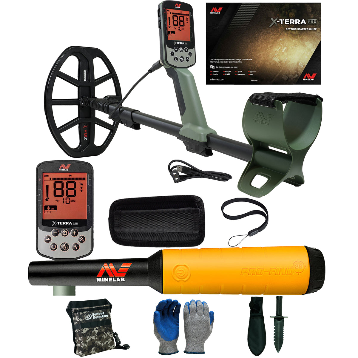 A Minelab X-Terra metal detector kit with a green and black, dual digital control box, a yellow and black pinpointer, accessories including gloves, a pouch, and tools, displayed on a clean white background.