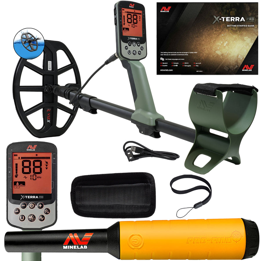 Minelab X-TERRA PRO shown with product box, Pro-Find 20 pinpointer, gloves, finds bag, digging tool, lanyard and charging cable. 