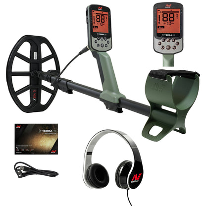 The Minelab X-TERRA PRO metal detector is shown with insets of the control pod, headphones and charging cable