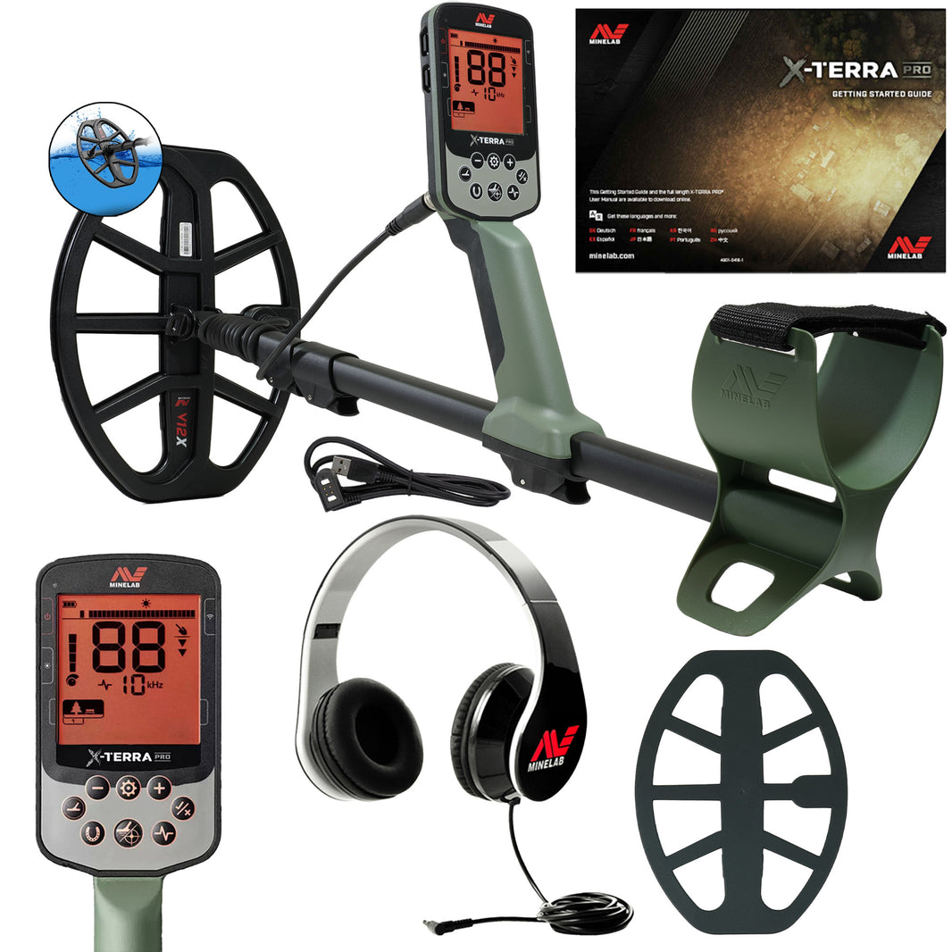 The Minelab X-TERRA PRO metal detector is shown alongside the included wired headphones, and skid plate, plus an inset of the X-TERRA PRO's control screen.