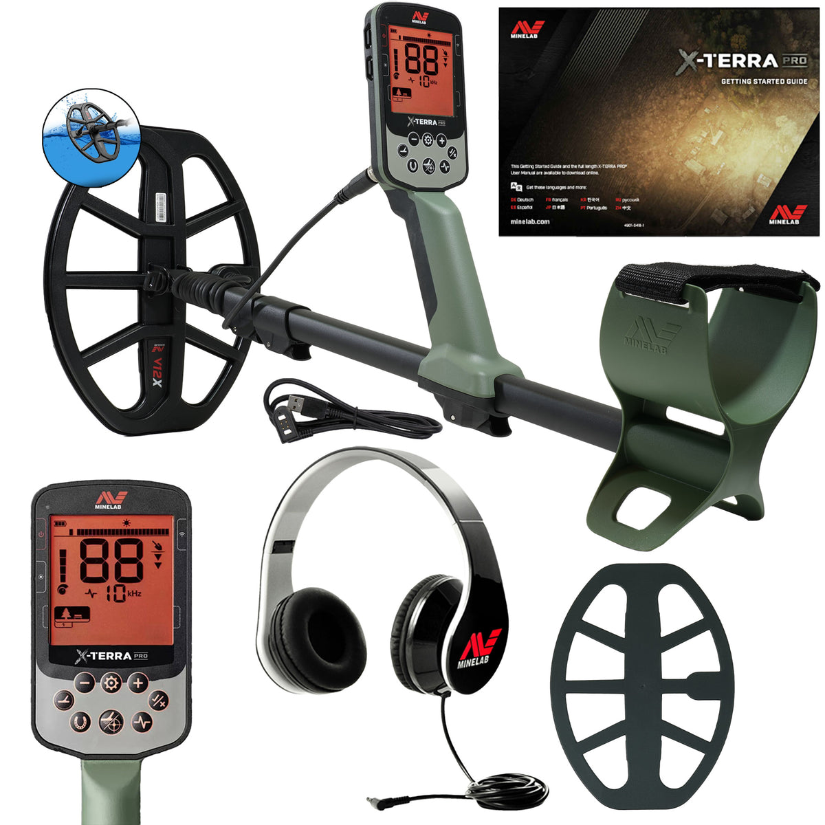 The Minelab X-TERRA PRO metal detector is shown alongside the included wired headphones, and skid plate, plus an inset of the X-TERRA PRO's control screen.