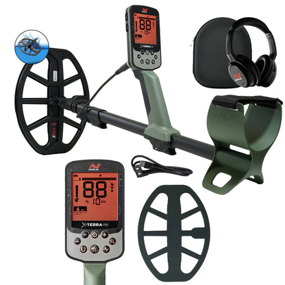 Minelab X-TERRA PRO Metal Detector with accessories including ML-85 Wireless Headphones, a charging cable, coil and headphones.