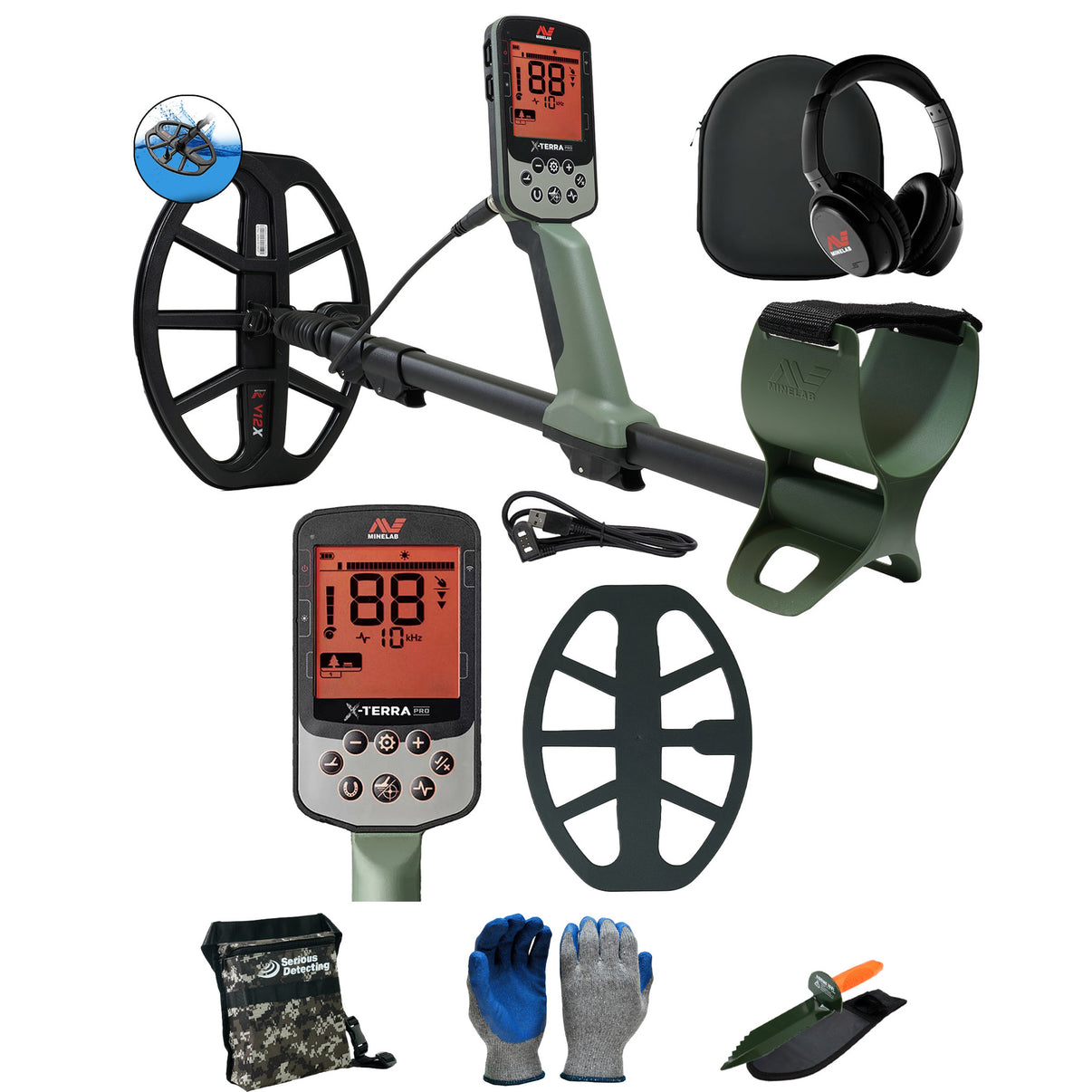 Minelab X-Terra PRO Metal Detector with ML85 headphones, Serious Detecting Pouch,  and serrated digger
