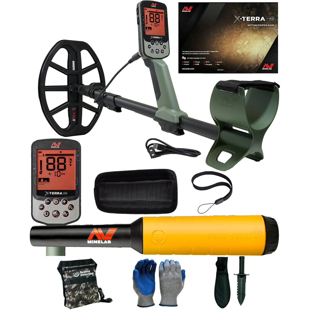 A Minelab X-Terra metal detector kit with a black and olive green, black coil, control box with digital display, a yellow-and-black handle, carrying pouch, gloves, shovel, and accessories on a white background.