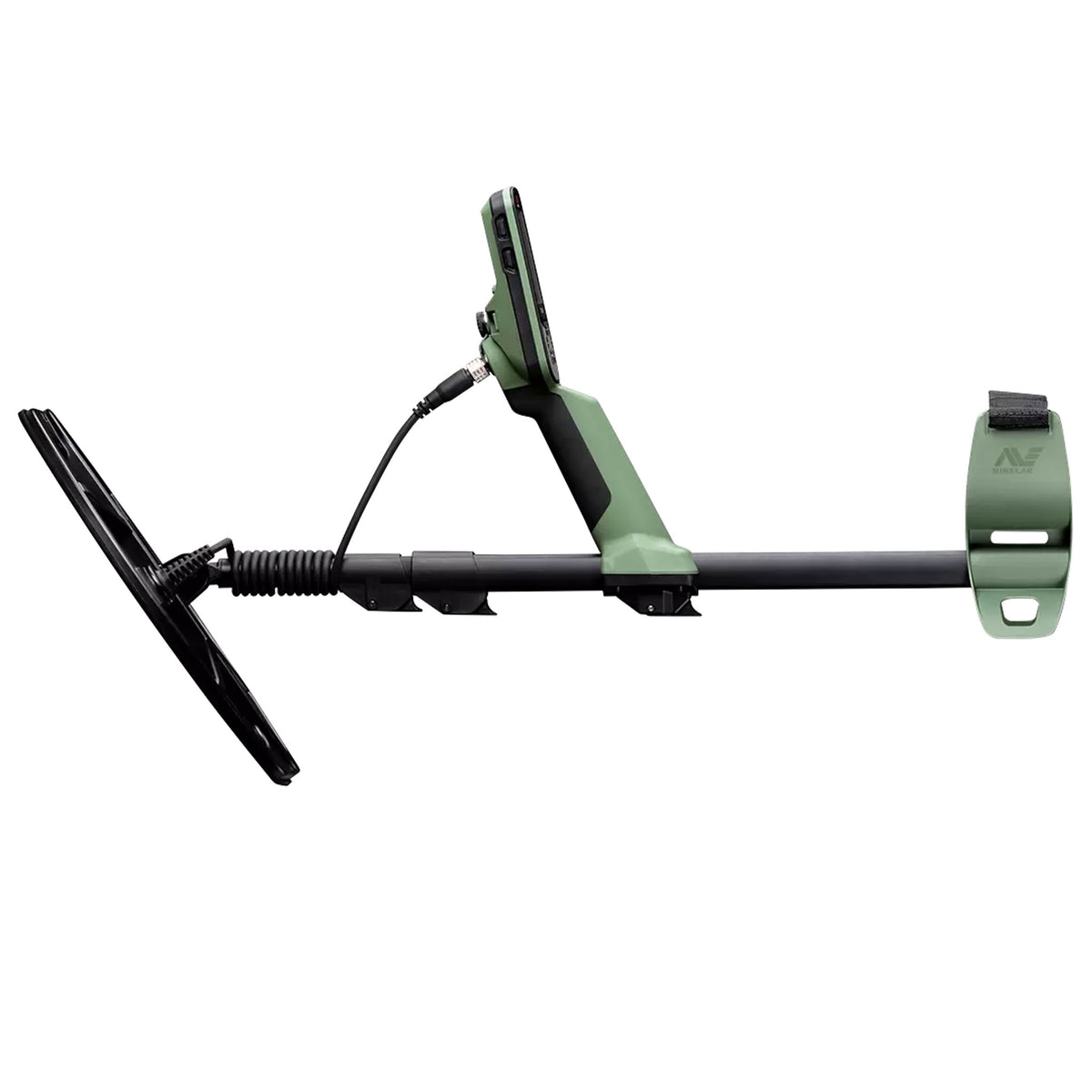 Minelab X-Terra Pro collapsed to 25 in with the V12X coil folded back, side view.