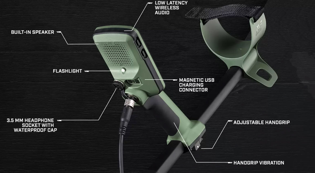 Minelab X-Terra Pro control box rear diagram labeling the speaker, flashlight, magnetic USB charging connector, 3.5 mm headphone socket and handgrip vibration.
