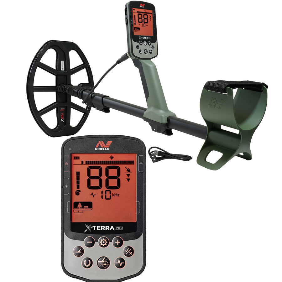 Minelab X-TERRA PRO metal detector set shown on a white background, including a black coil-style detector with an olive green handle, a control unit with a lit display, and a small accessory cable.