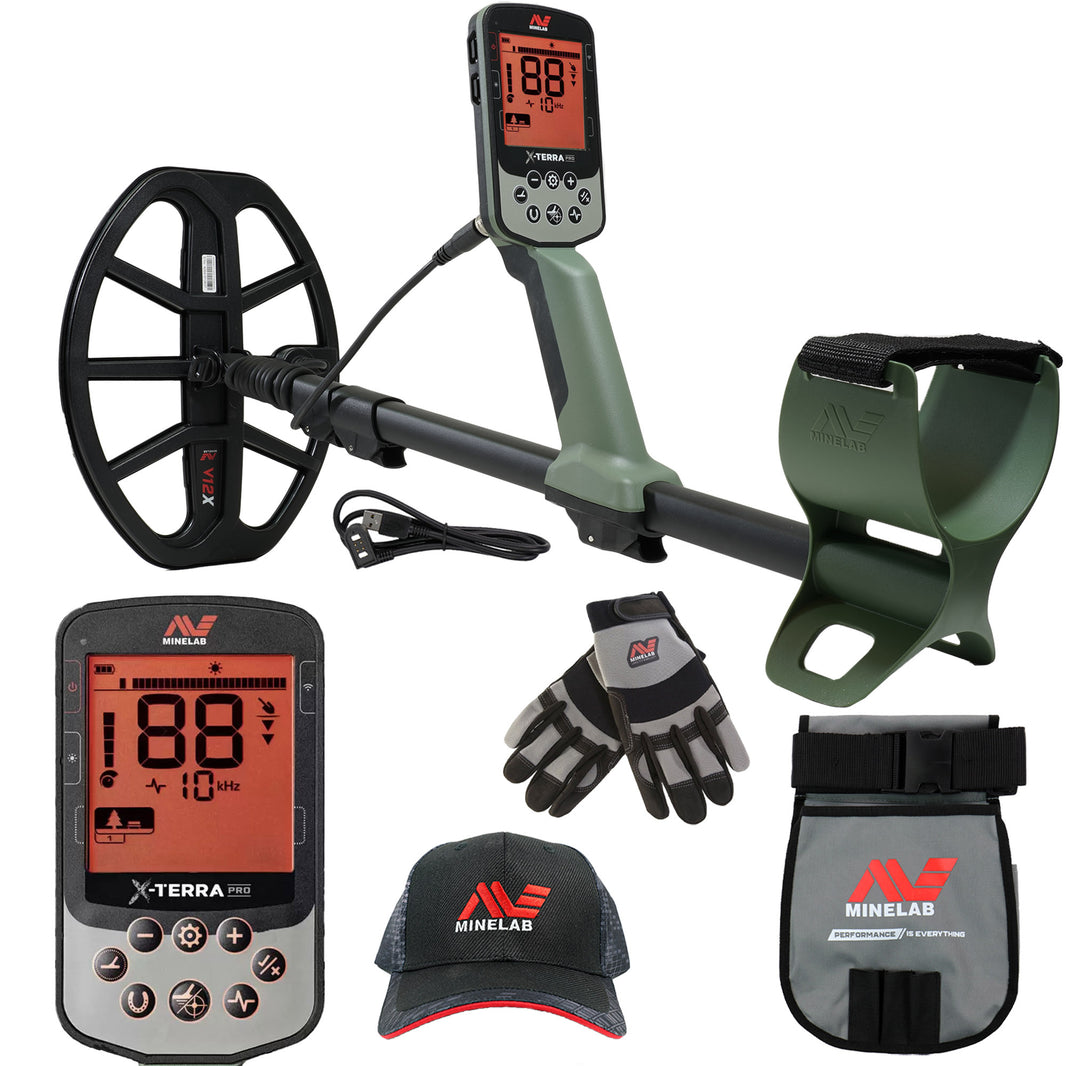 Minelab X-TERRA PRO Metal Detector Bundle with Pouch, Hat, and Gloves