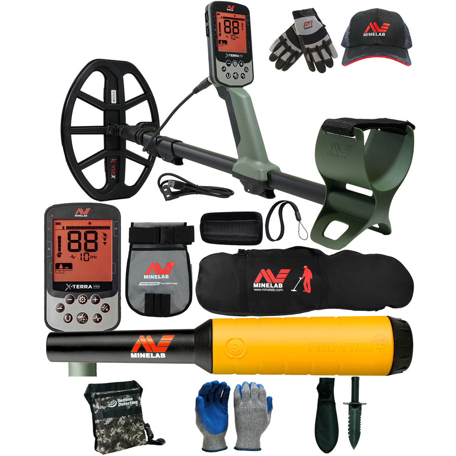 Minelab X-TERRA PRO Metal Detector Bundle with PRO-FIND 15 Pinpointer, Carry Bag, Pouch, Hat, and Gloves