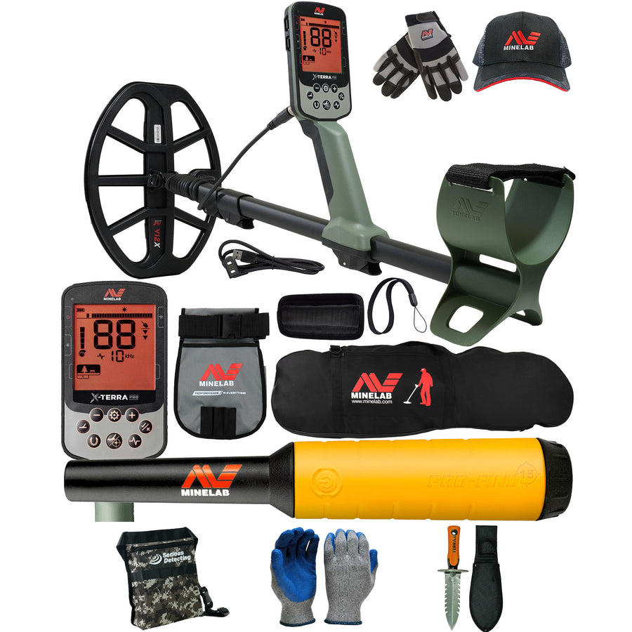 Minelab X-TERRA PRO Metal Detector Bundle with PRO-FIND 15 Pinpointer, Carry Bag, Pouch, Hat, and Gloves