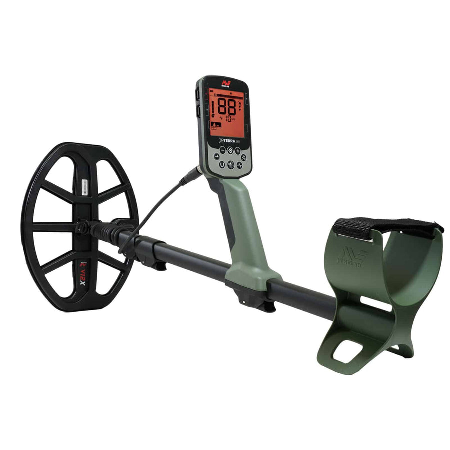 The Minelab X-Terra shown with collapsed stem for travel and storage. 