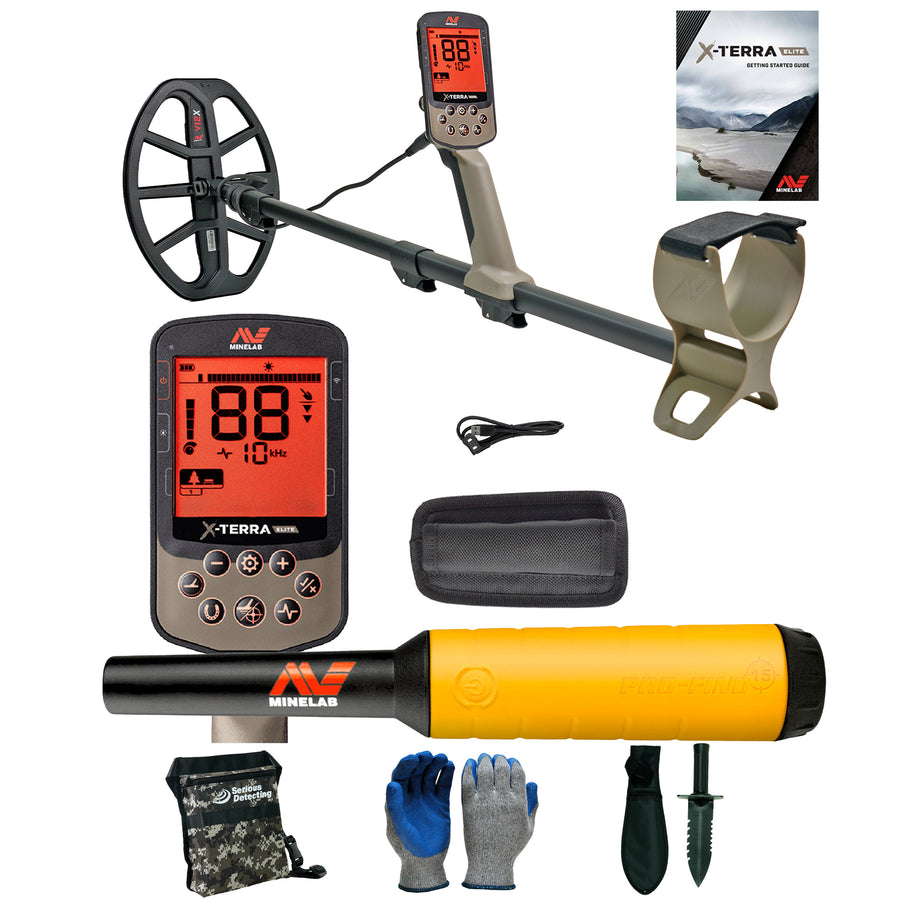 Minelab X-TERRA ELITE Waterproof Metal Detector w/ Pro-Find 15 and Serious Detecting accessory kit with pouch, gloves, and digging knife
