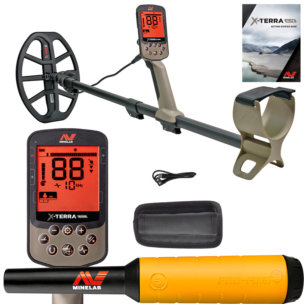 Minelab X-TERRA ELITE metal detector with Pro-Find 20 pinpointer bundle contents
