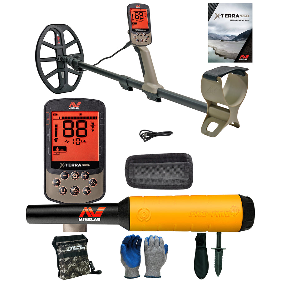 Minelab X-TERRA ELITE Waterproof Metal Detector w/ Pro-Find 20 Pinpointer and Serious Detecting accessory kit with pouch, gloves, and digging knife
