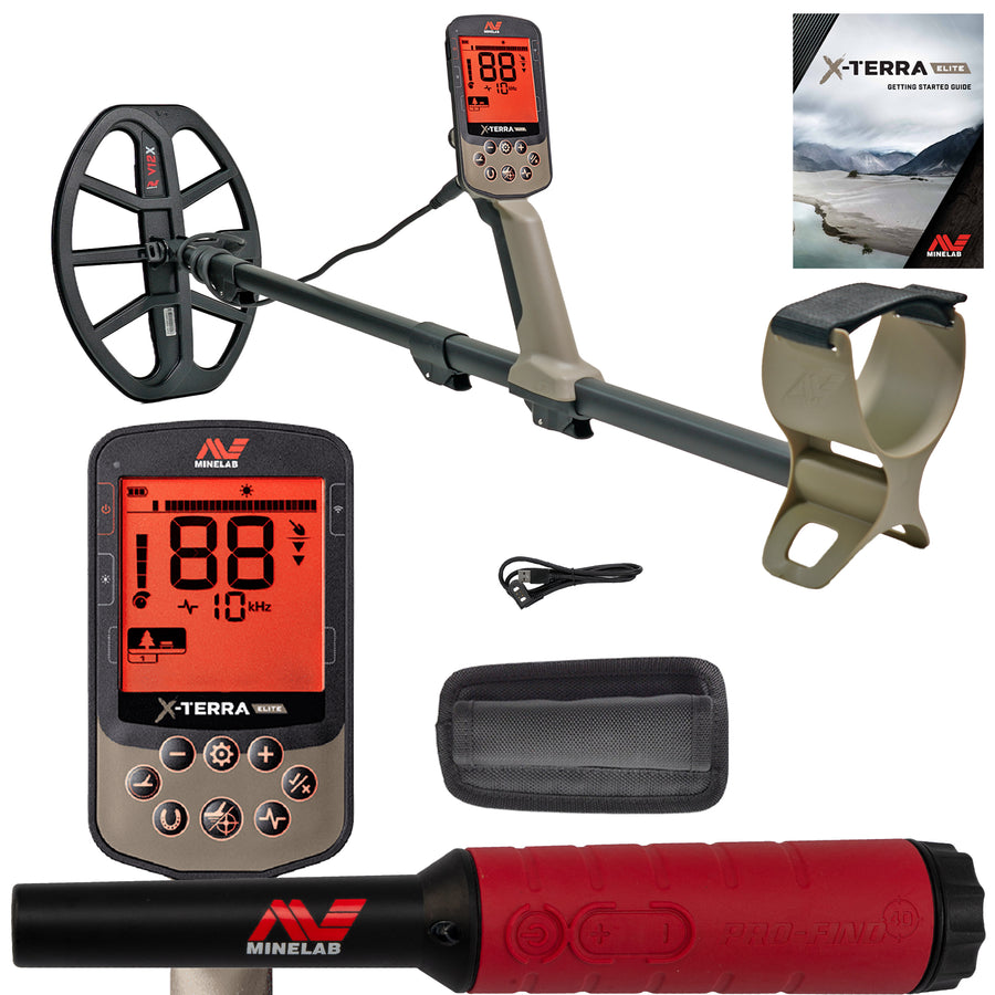 Minelab X-TERRA ELITE waterproof metal detector with Pro-Find 40 Pinpointer. The detector has a large LCD screen, a beige body, and a red handgrip.