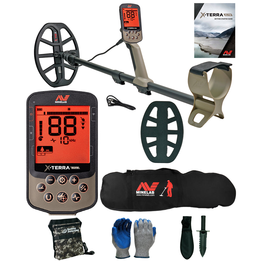 Minelab X-TERRA ELITE Waterproof Metal Detector with Carry Bag and Serious Detecting accessory kit with pouch, gloves, and digging knife
