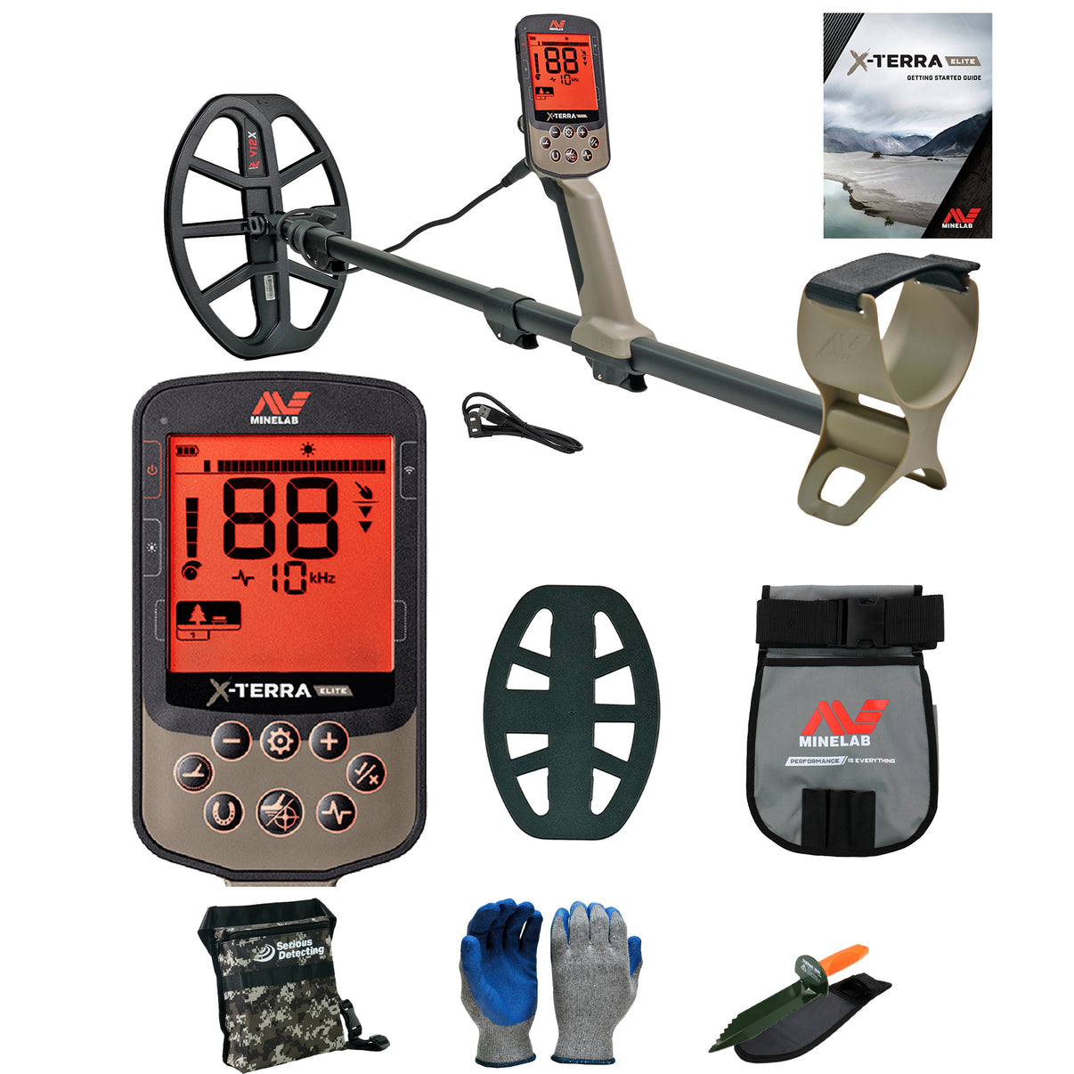Minelab X-Terra Elite Metal Detector with Minelab Pouch, Serious Detecting Pouch,  and serrated digger
