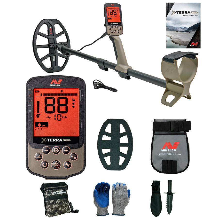 Minelab X-TERRA ELITE Waterproof Metal Detector with Finds Pouch and Serious Detecting accessory kit with pouch, gloves, and digging knife
