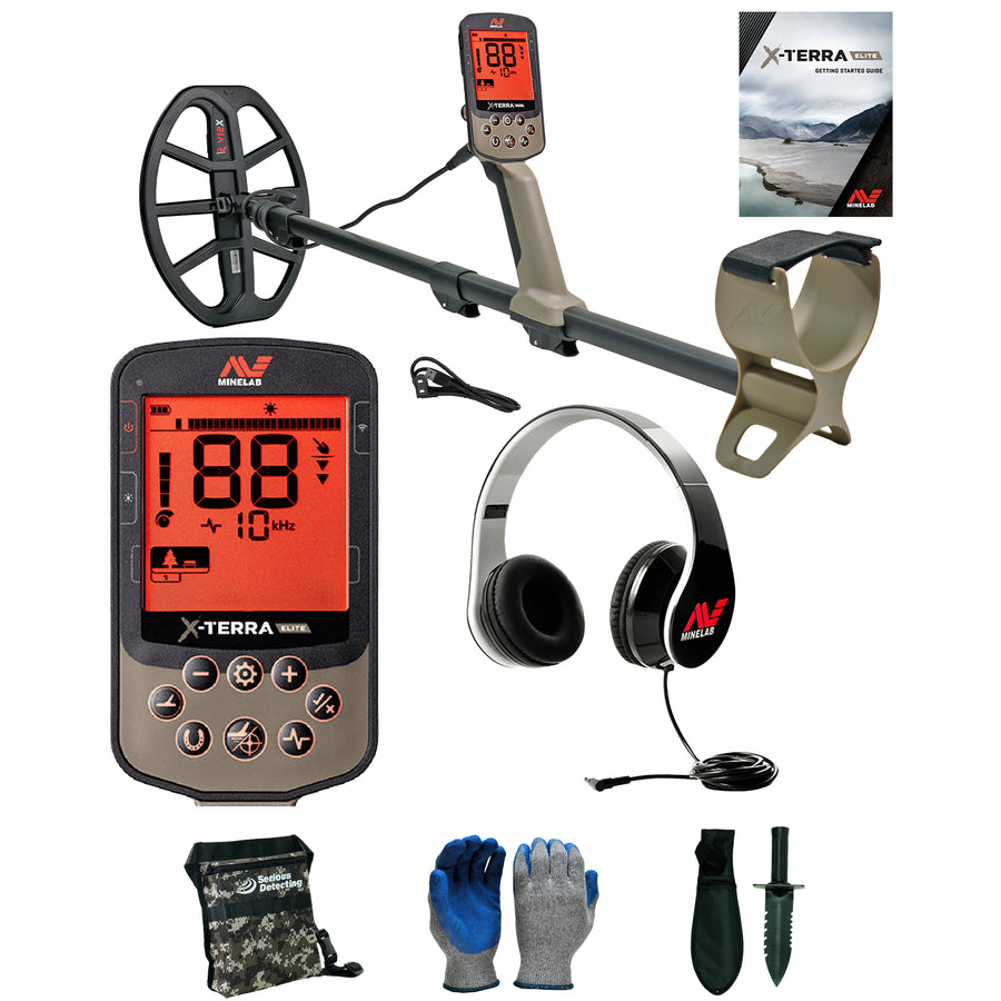 Minelab X-TERRA ELITE Waterproof Metal Detector with Wired Headphones and Serious Detecting accessory kit with pouch, gloves, and digging knife
