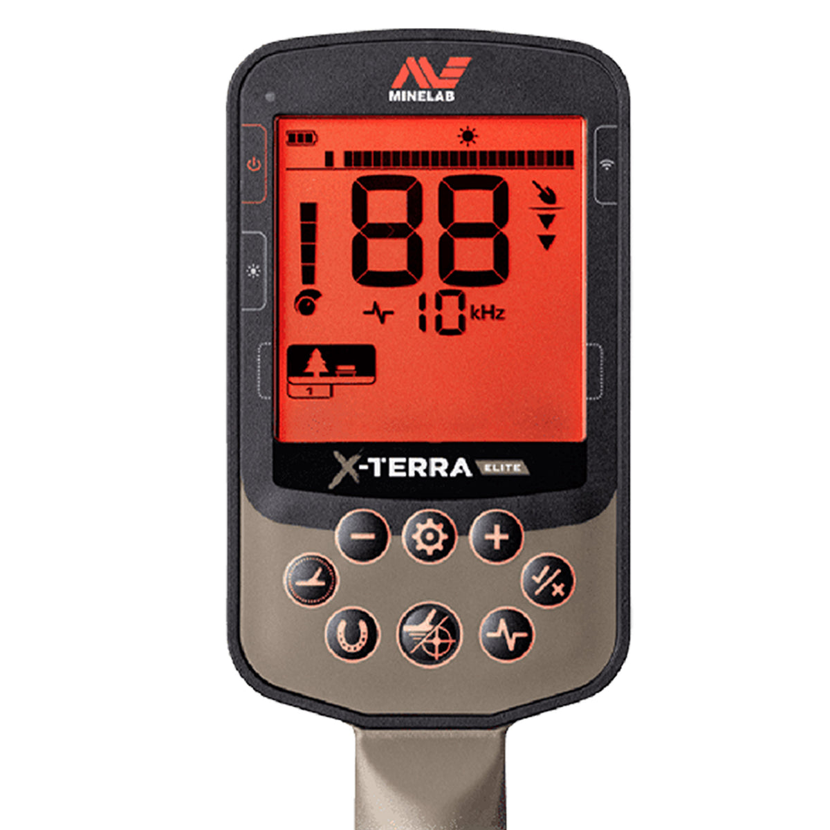 Minelab X-Terra Elite control box with red backlit LCD and keypad.