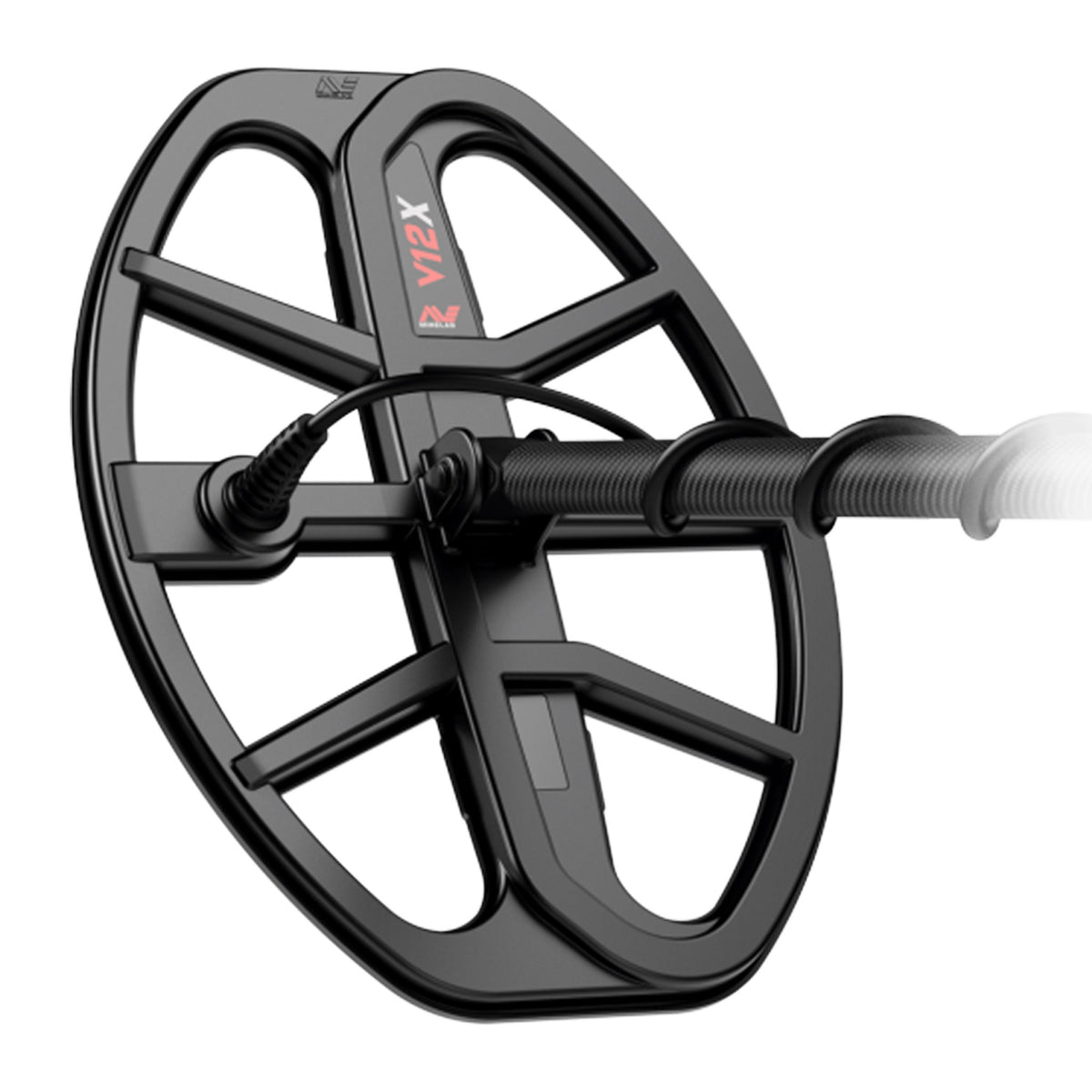 Minelab V12X 12 x 9 in elliptical Double-D coil on the lower shaft