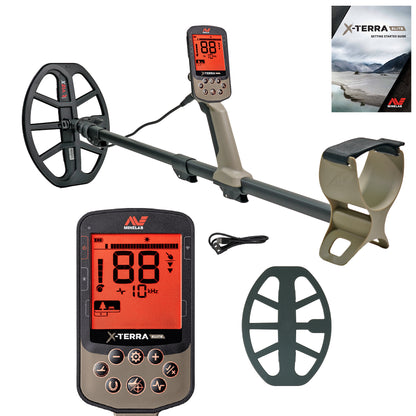 Minelab X-TERRA ELITE metal detector with V12X 12 x 9 inch DD coil on white background
