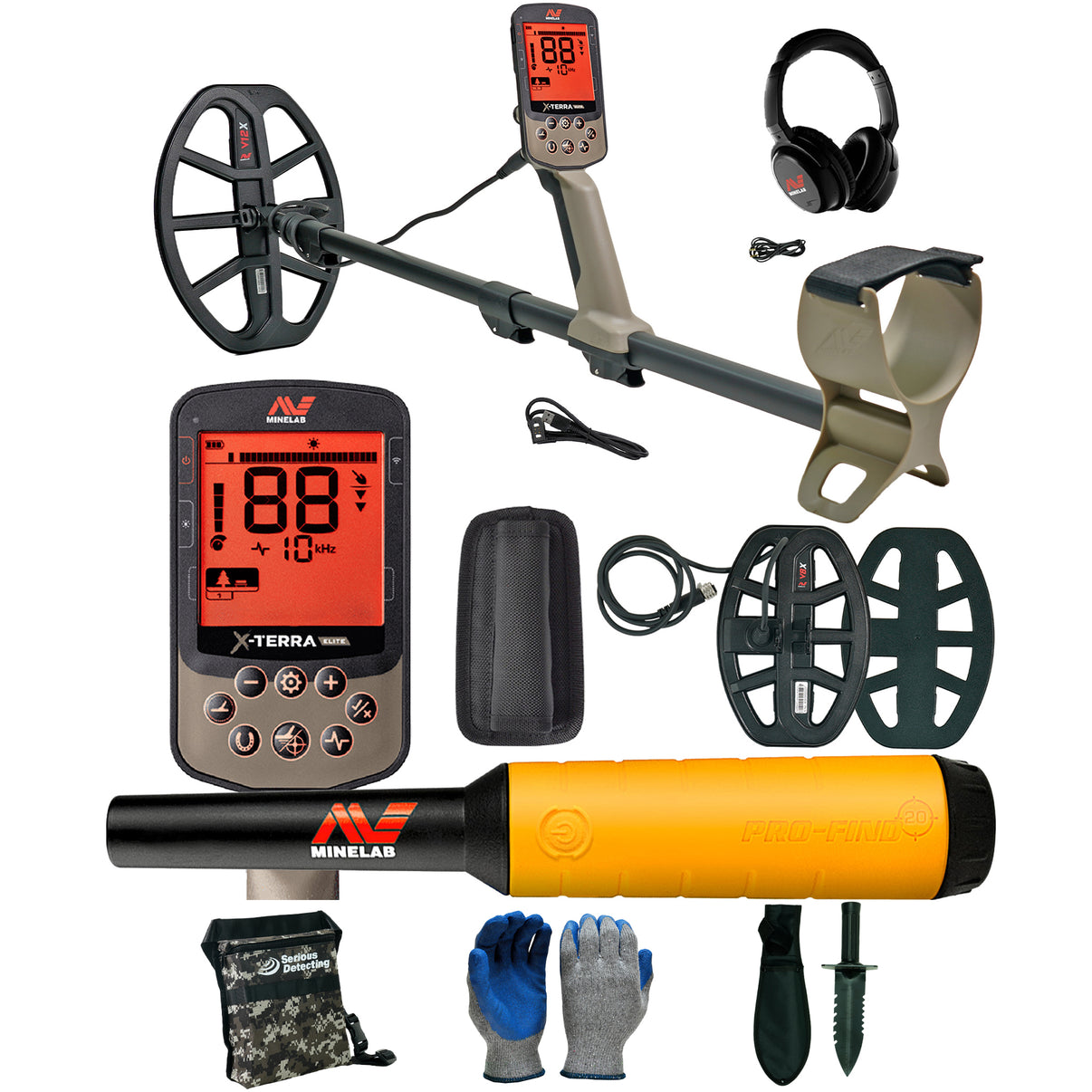 Minelab X-TERRA ELITE Expedition Pack Waterproof Metal Detector w/ Pro-Find 20 and Serious Detecting accessory kit with pouch, gloves, and digging knife
