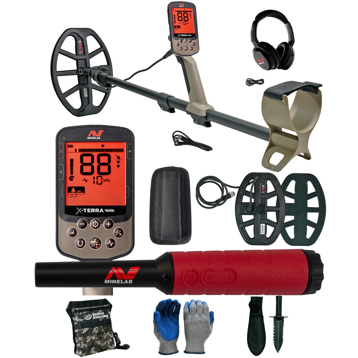 Minelab X-TERRA ELITE Expedition Pack metal detector with control box, dual coils, Pro-Find 40 pinpointer, and ML-85 wireless headphones