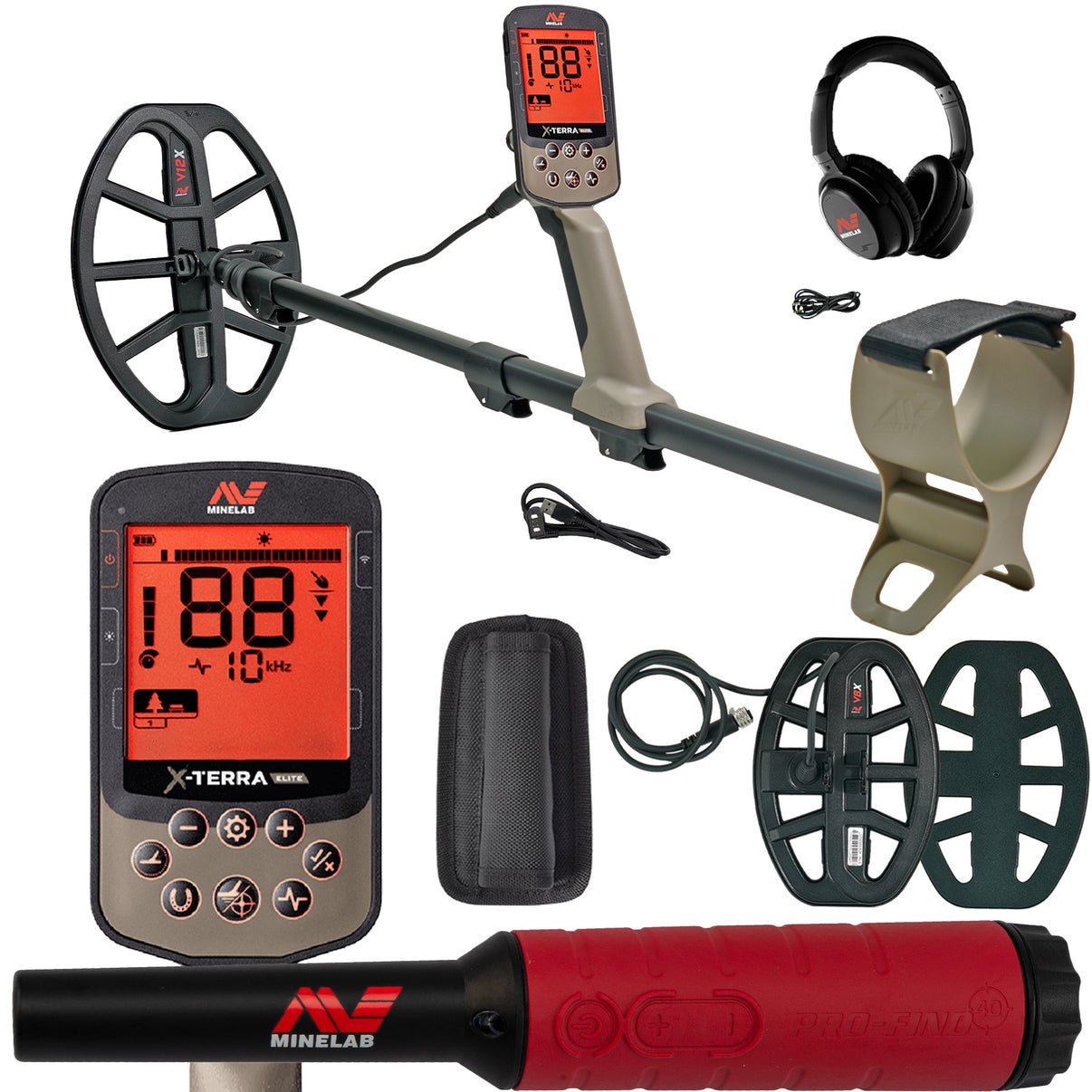 An image showcasing the Minelab X-TERRA ELITE Expedition Pack, including the metal detector itself with a large LCD screen, a Pro-Find 40 Pinpointer, wireless headphones, and additional coils.