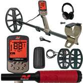 An image showcasing the Minelab X-TERRA ELITE Expedition Pack, including the metal detector itself with a large LCD screen, a Pro-Find 40 Pinpointer, wireless headphones, and additional coils.