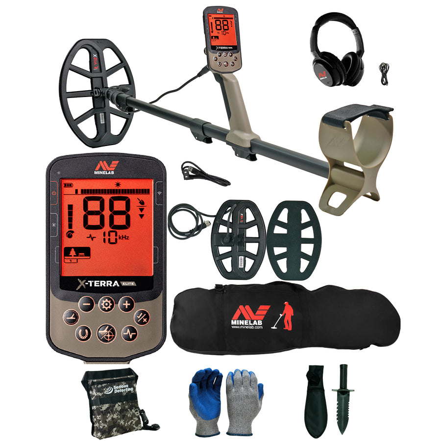 Minelab X-TERRA ELITE Expedition Pack Waterproof Metal Detector with Carry Bag and Serious Detecting accessory kit with pouch, gloves, and digging knife
