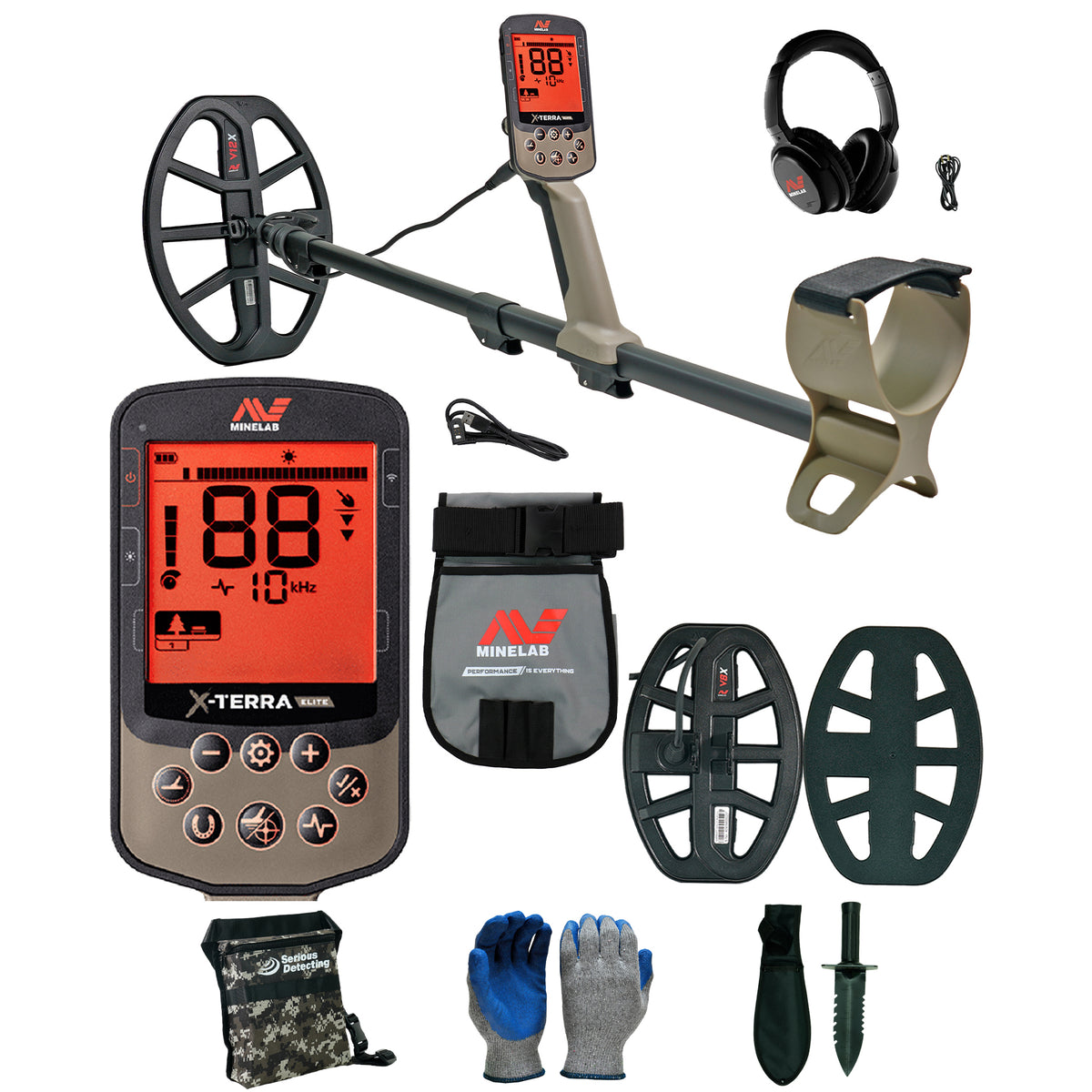 Minelab X-TERRA ELITE Expedition Pack Waterproof Metal Detector with Finds Pouch and Serious Detecting accessory kit with pouch, gloves, and digging knife

