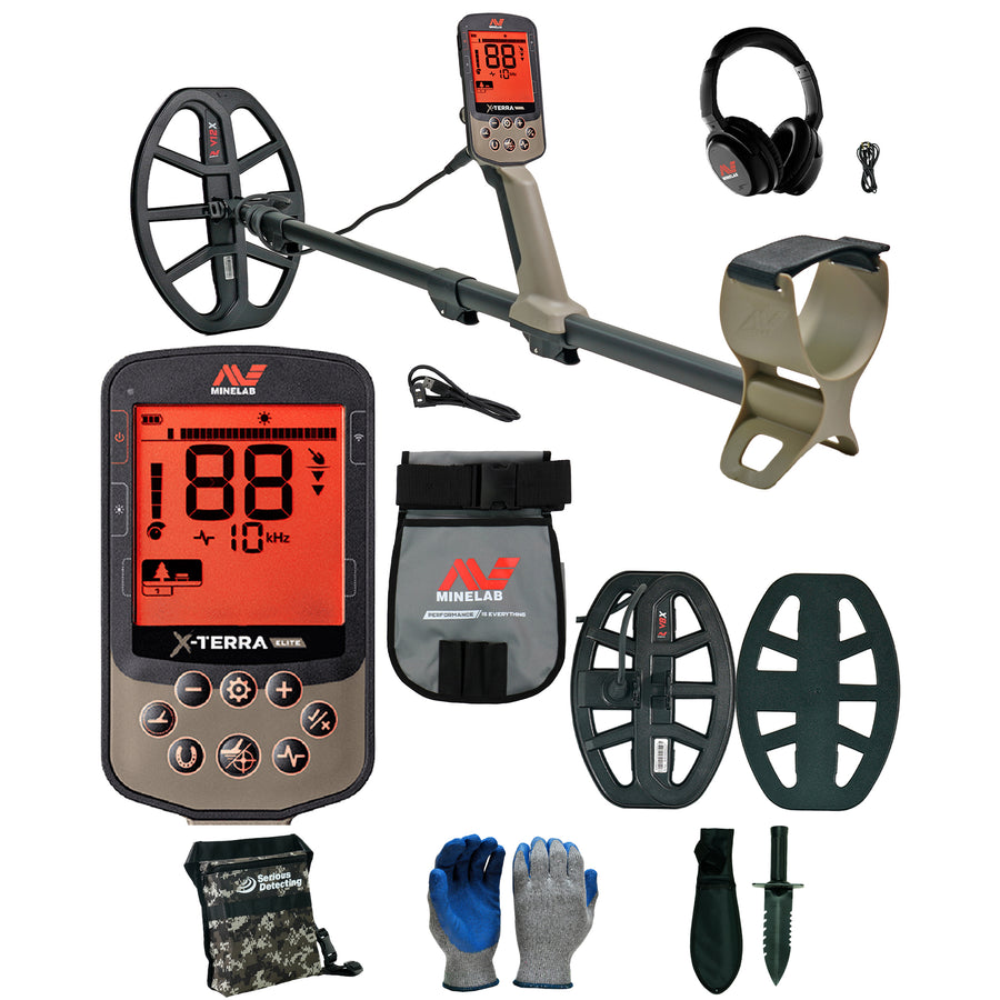 Minelab X-TERRA ELITE Expedition Pack Waterproof Metal Detector with Finds Pouch and Serious Detecting accessory kit with pouch, gloves, and digging knife
