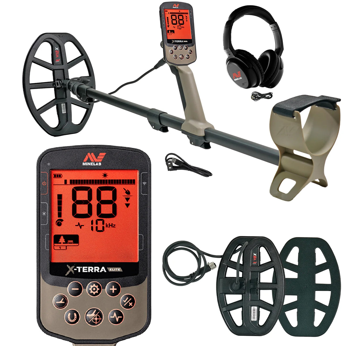 Minelab X-Terra Elite Expedition Pack contents: detector with V12X coil, V8X coil, ML 85 wireless headphones, control box and charging cable.