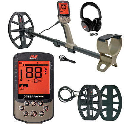 Minelab X-Terra Elite Expedition Pack contents: detector with V12X coil, V8X coil, ML 85 wireless headphones, control box and charging cable.