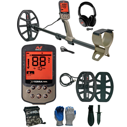 Minelab X-TERRA ELITE Expedition Pack metal detector with tan control box, black elliptical coil, and collapsible shaft assembly on white background