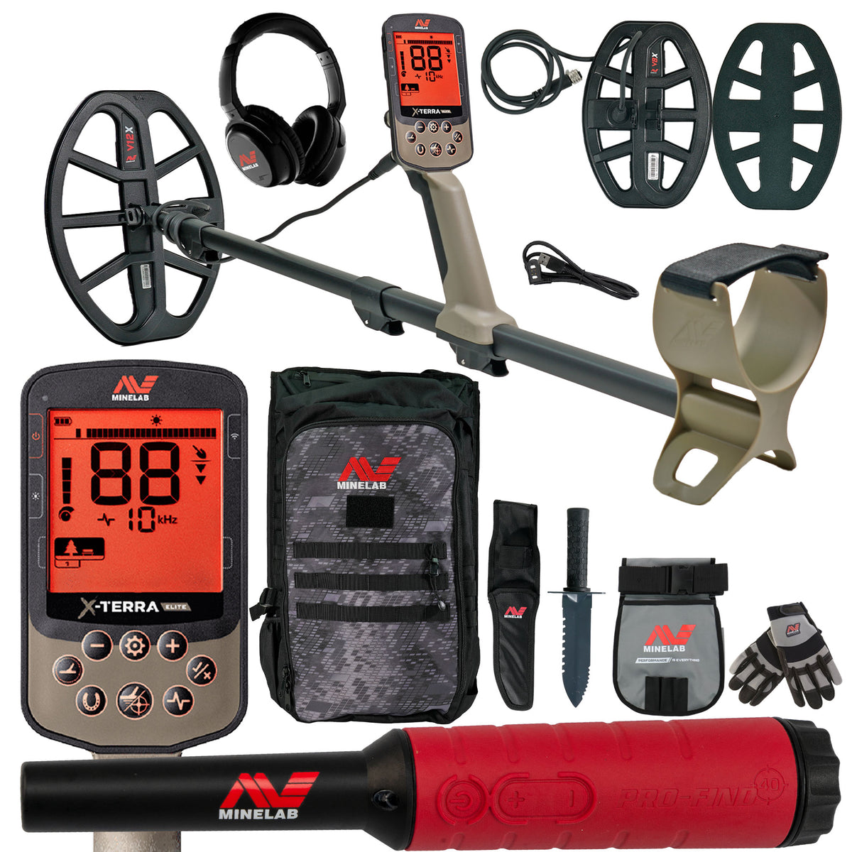 Minelab X-TERRA ELITE Expedition Pack with metal detector, PRO-FIND 40 pinpointer, wireless headphones, backpack, and adventure pack kit