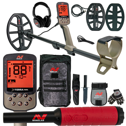 Minelab X-TERRA ELITE Expedition Pack with metal detector, PRO-FIND 40 pinpointer, wireless headphones, backpack, and adventure pack kit