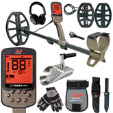 A Minelab X-Terra metal detector kit shown on a white background, including the detector with coil, control box, headphones, belt clip, coil targets, scoop, gloves, pouch, sheath, and knife.