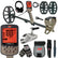 A Minelab X-Terra metal detector kit shown on a white background, including the detector with coil, control box, headphones, belt clip, coil targets, scoop, gloves, pouch, sheath, and knife.