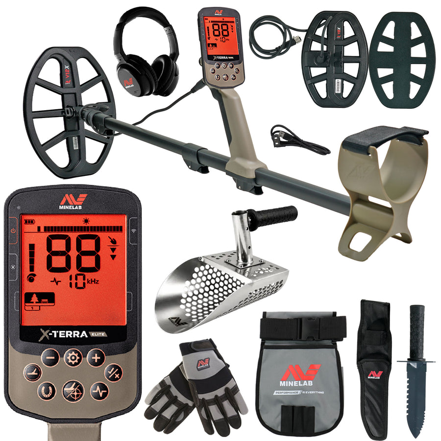 A Minelab X-Terra metal detector kit shown on a white background, including the detector with coil, control box, headphones, belt clip, coil targets, scoop, gloves, pouch, sheath, and knife.