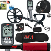 Complete Minelab Equinox 800 bundle showing detector, Pro-Find 40 pinpointer, bags, digger tools and accessories
